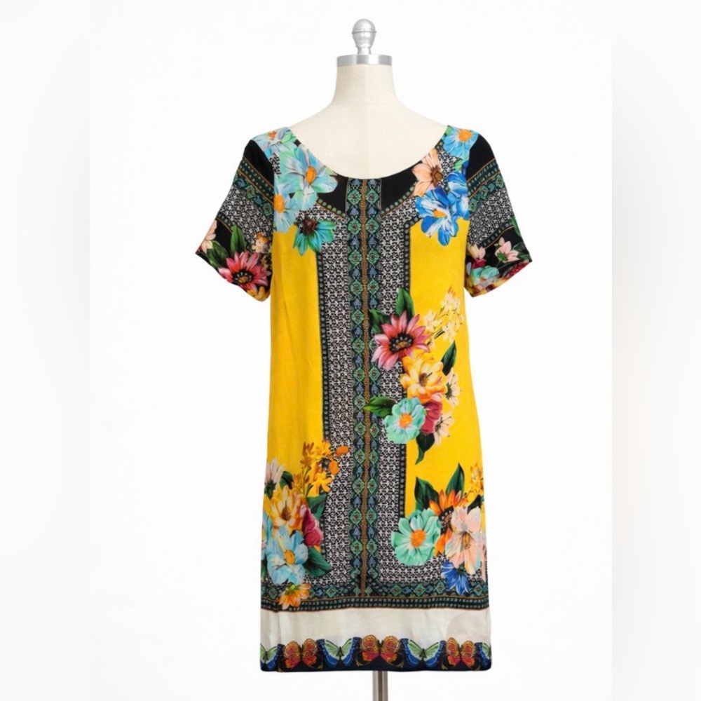 Rare Vintage Farm Rio Brazil Floral Butterfly Mini Dress Yellow Boho Sz Small